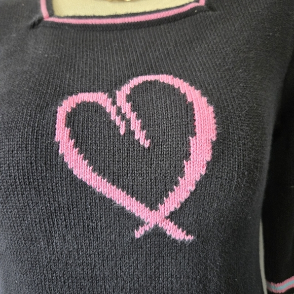 Parkhurst Cotton Country Square Neck Black Sweater Pink Heart and Stripes. Small - Picture 3 of 10